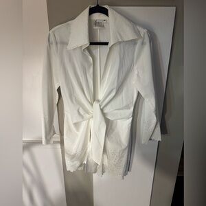 Finley White Tie Front Eyelet Trim Collared Blouse Size Medium